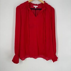 Maison d'Amelie Womens Tie Neck Top Size L Red Smocked Cuff Ruffle Capsule
